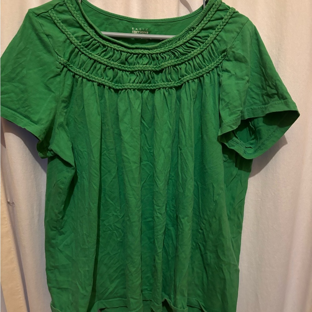 Basic Editions Green Ruched Blouse with Bib Collar